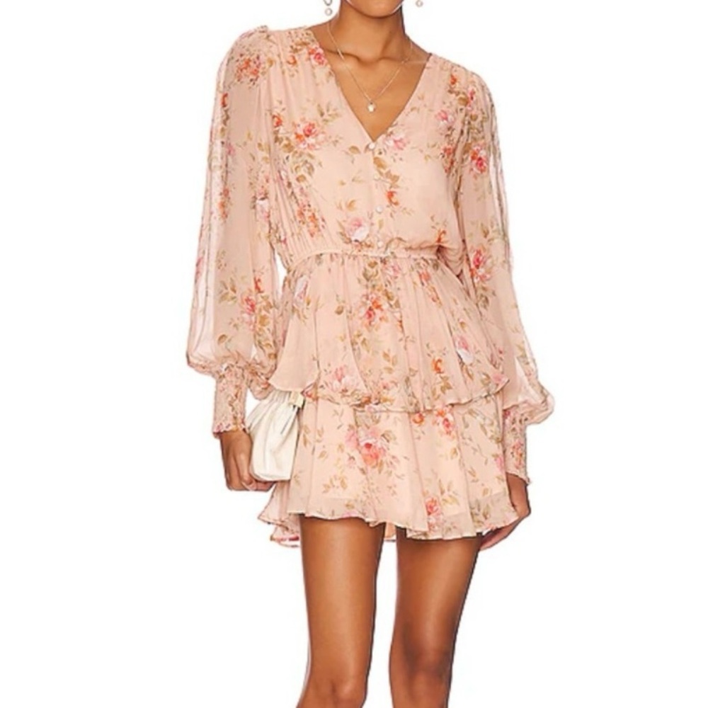 Yumi Kim Blush Pink Floral V-Neck Tiered Long-Sleeve Mini Dress